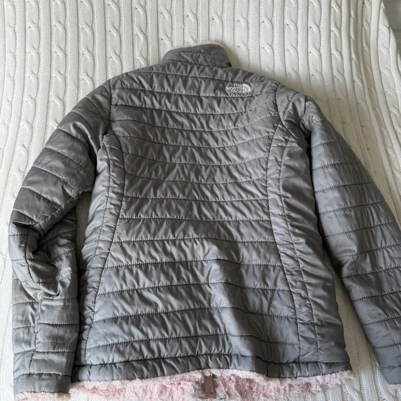 North Face Reversible Mossbud Swirl Puffer Coat Jacket Zip Gray Pink Girls L 14 - Picture 8 of 12